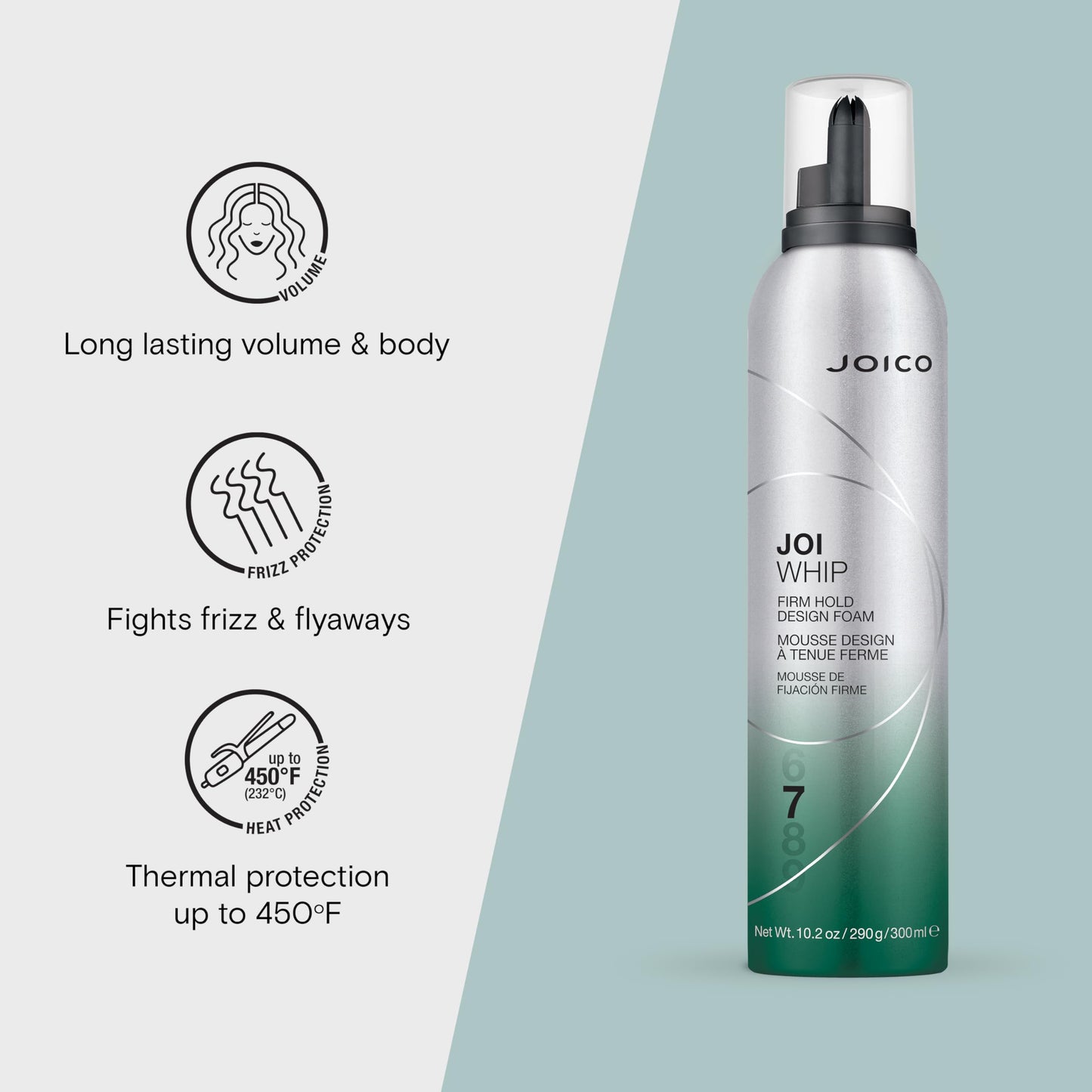 Joico JoiWhip Firm Hold Designing Foam | Volumizing Mousse for Most Hair Types | Adds Body, Shine & Frizz Control | Heat & Humidity Protection | 300mL