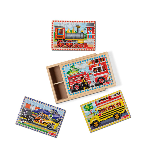 Melissa & Doug 4‑in‑1 Wooden Vehicle Jigsaw Puzzle Set, 48 Pieces with Storage Box, Toddler Puzzle Toy for Kids Ages 3+- FSC Certified