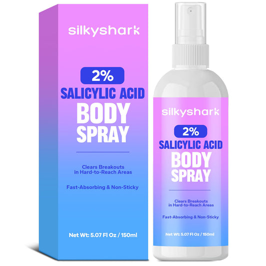 SilkyShark 2% Salicylic Acid Body Spray, 5.07 oz – Acne Treatment for Bacne, Blackheads & Blemishes, 360° Mist for Face & Body