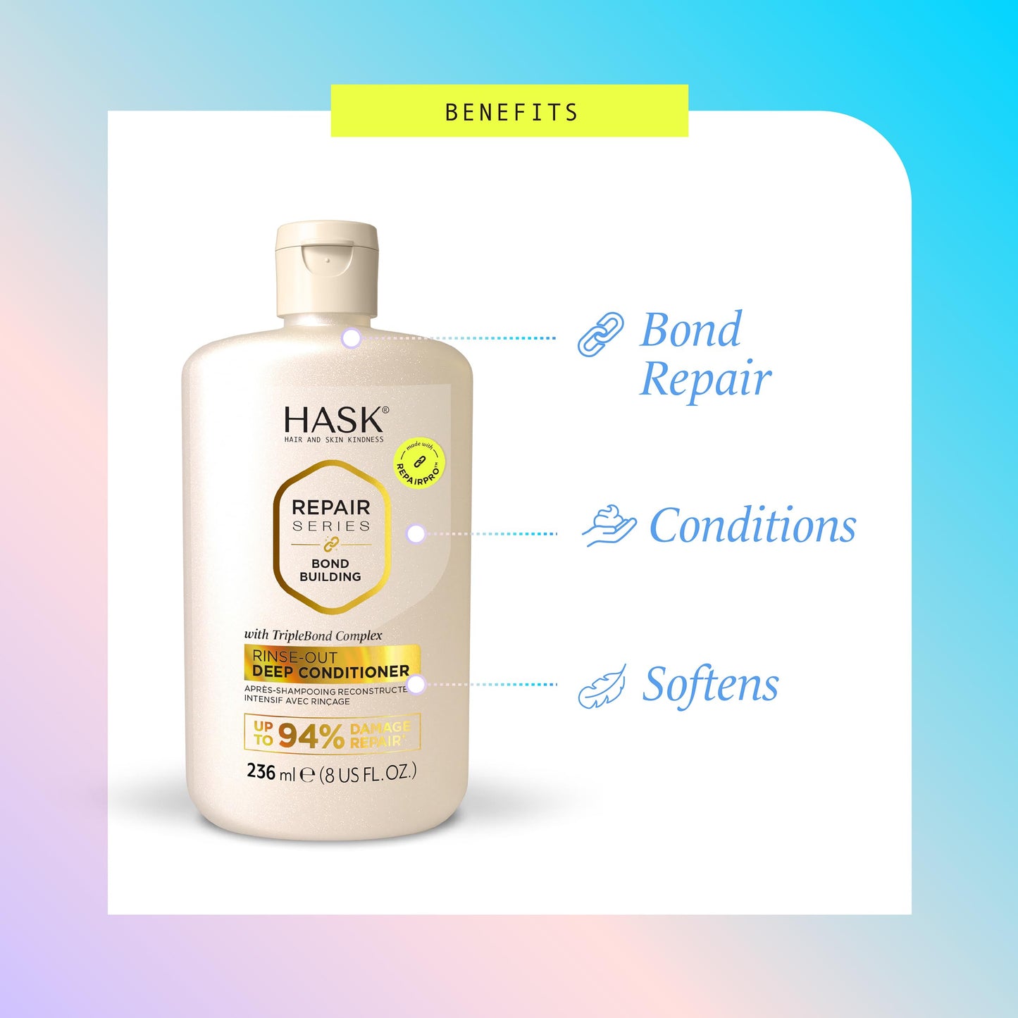 HASK Bond Building Deep Conditioner with Triple Bond Complex & Argan Oil – Repairs, Softens & Moisturizes Hair, Sulfate-Free, Color-Safe, 8 oz