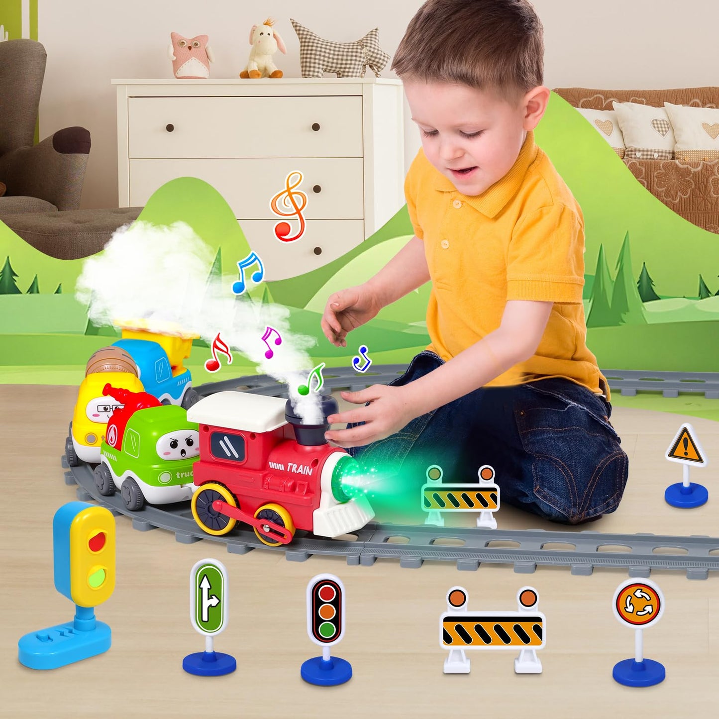 Electric Train Set for Toddlers & Kids 3-8 with Lights, Music, Steam, Magnetic Tracks – Realistic Train Toy for Boys & Girls Birthday Gift