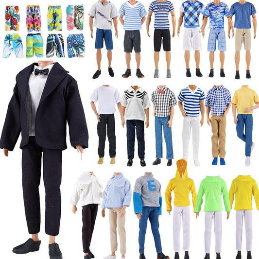 E-TING 15-Piece Outfit Set for 12" Boy Dolls – Suits, Casual Tops & Pants, Swim Trunks, 5 Pairs Shoes, Bowtie Included