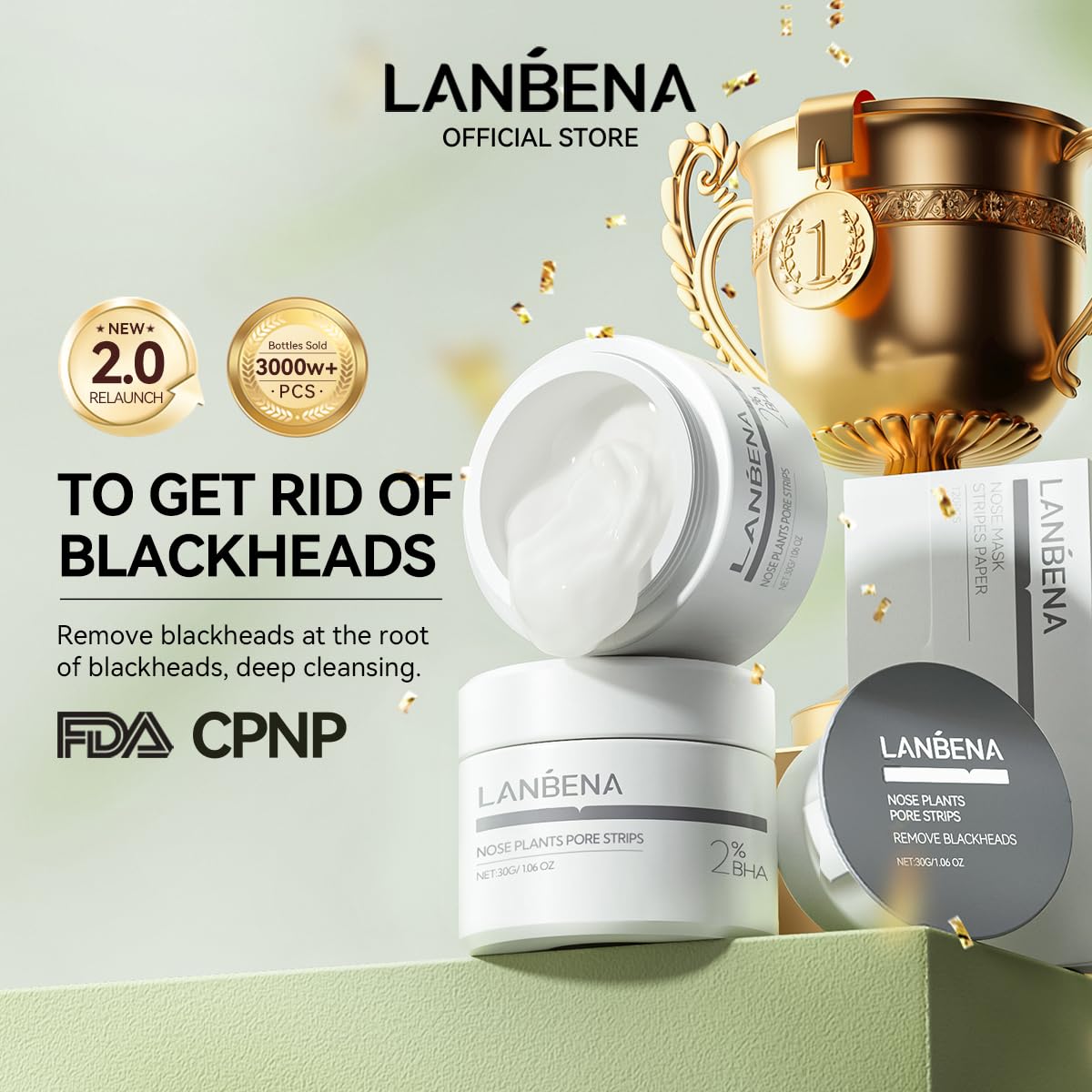 LANBENA 2.0 Blackhead Nose Plants Pore Strips(1.03 Oz), 60pcs Nose Strips for Blackhead Mask, Deep Cleansing Peel off Mask, Black Head Remover Mask