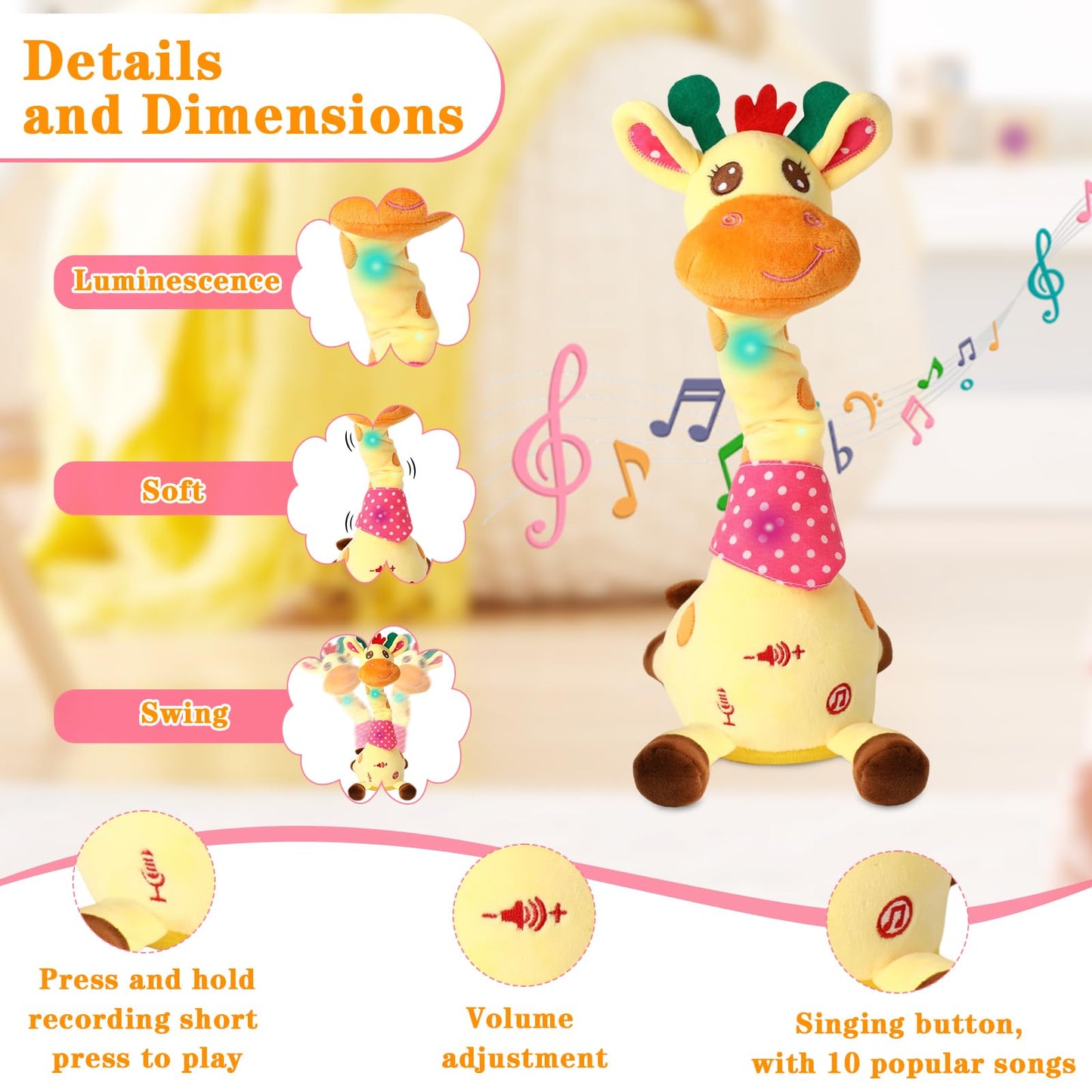 LLUKEME Dancing Talking Giraffe Toy – Stuffed Animal, Musical Light-Up Plush, Repeats What You Say, Fun Gift for Toddlers 1-3