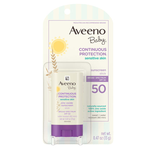 Aveeno Baby Mineral Sunscreen Stick SPF 50 for Sensitive Skin, 100% Zinc Oxide, Broad Spectrum Face & Body Sunblock, Travel Size 0.47 oz