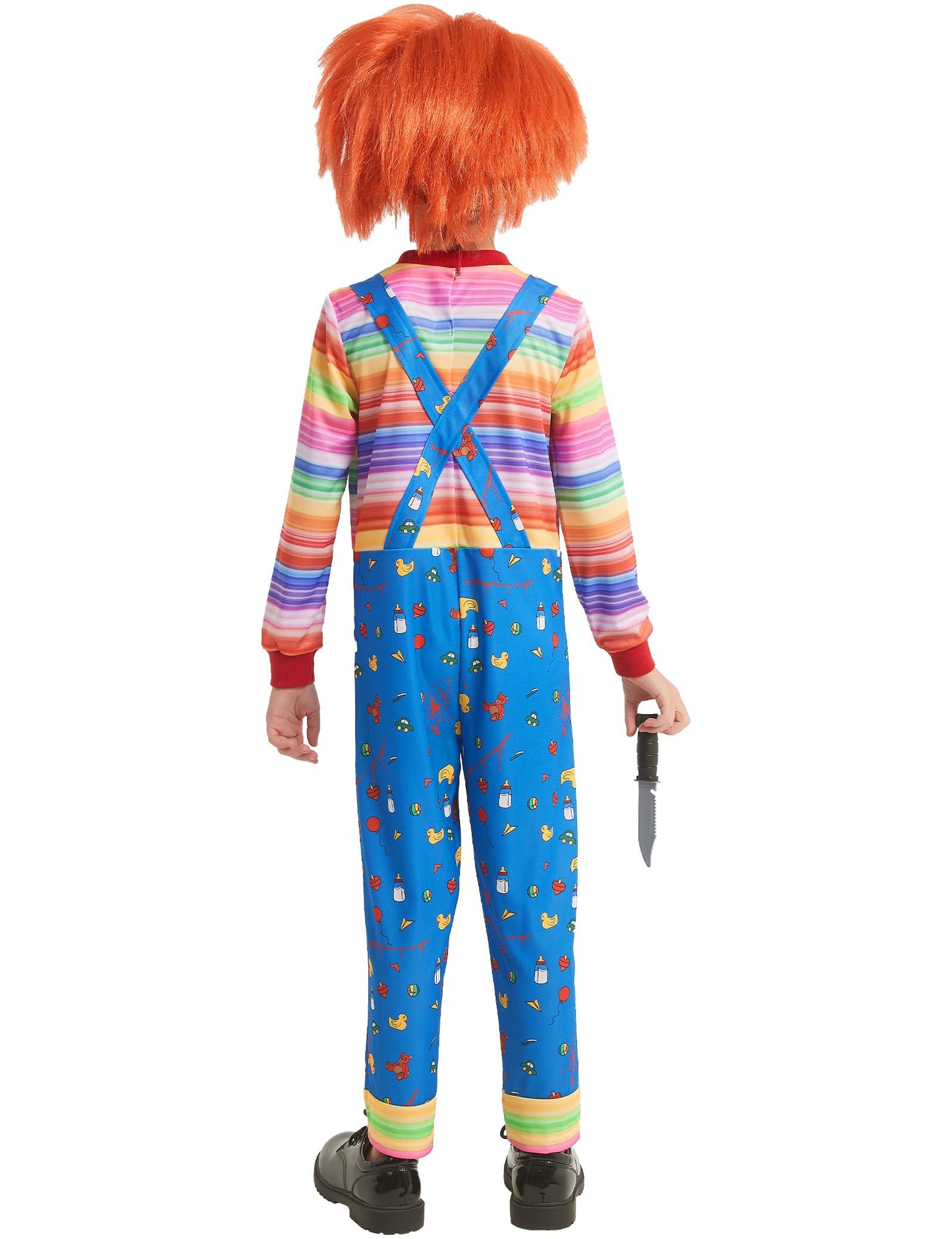 Zeepair Kids Scary Doll Costume Set Horror Killer Toy Outfit with Striped Jumpsuit Wig Prop Knife for Halloween Cosplay Party M