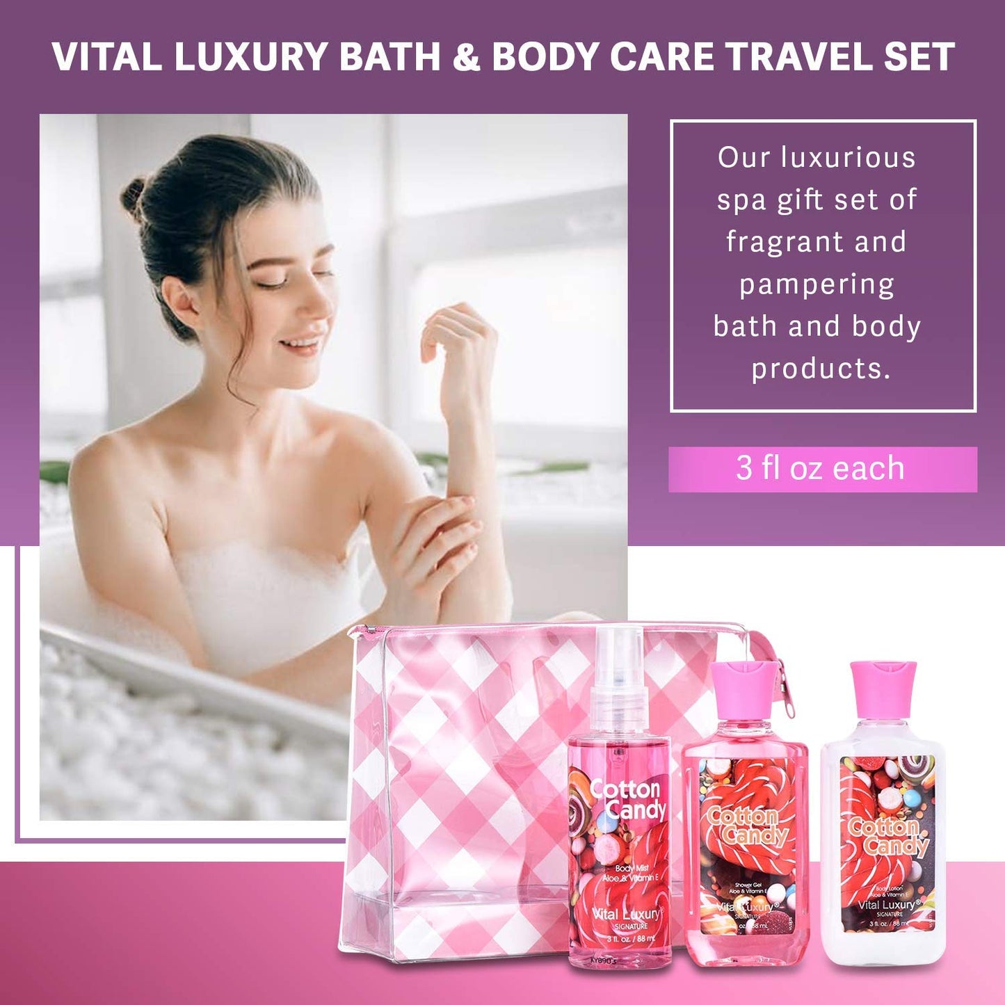 Vital Luxury Cotton Candy Bath & Body Travel Set – Lotion, Shower Gel & Fragrance Mist, Spa Gift for Women, Birthday, Mom & Valentine’s Day