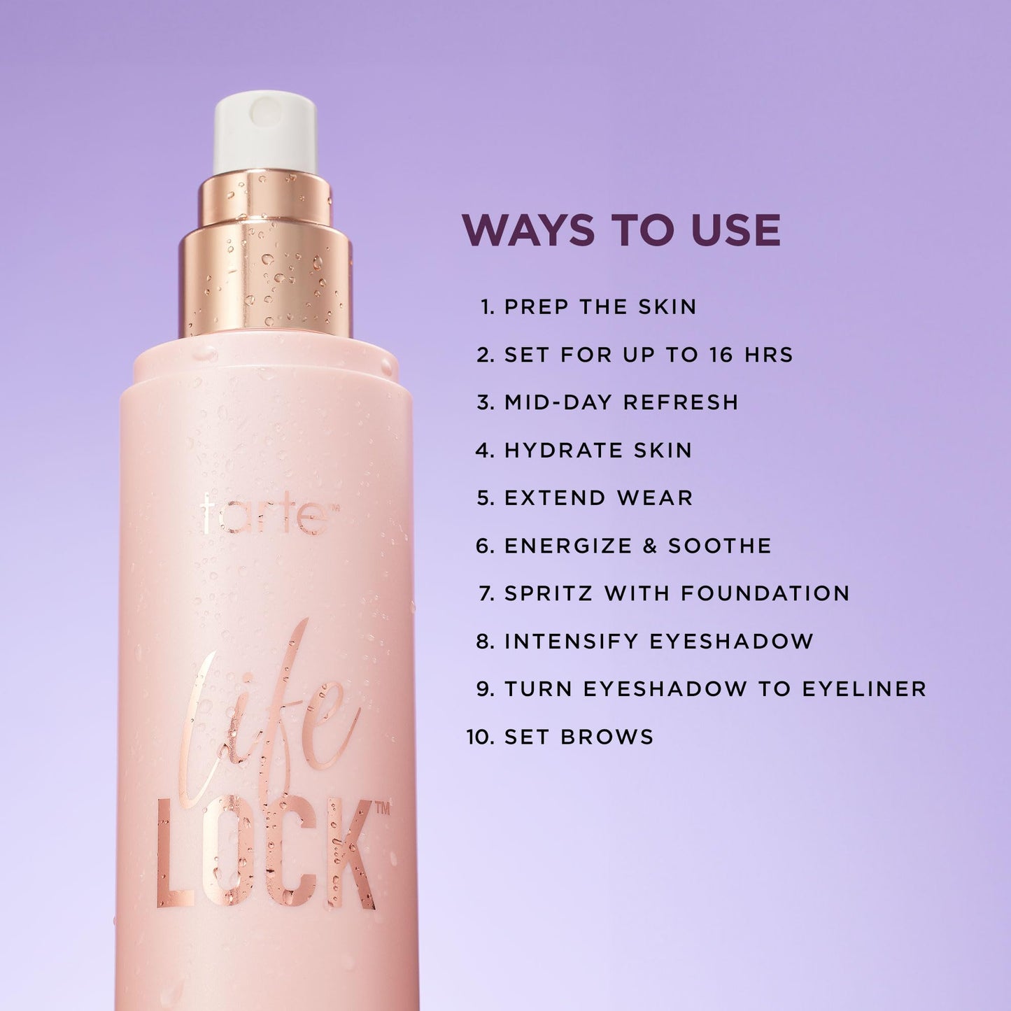 Tarte Life Lock 10-in-1 Hydrating Setting Spray – Weightless Mist with Hyaluronic Acid, Locks Makeup, Waterproof, Sweatproof, Vegan