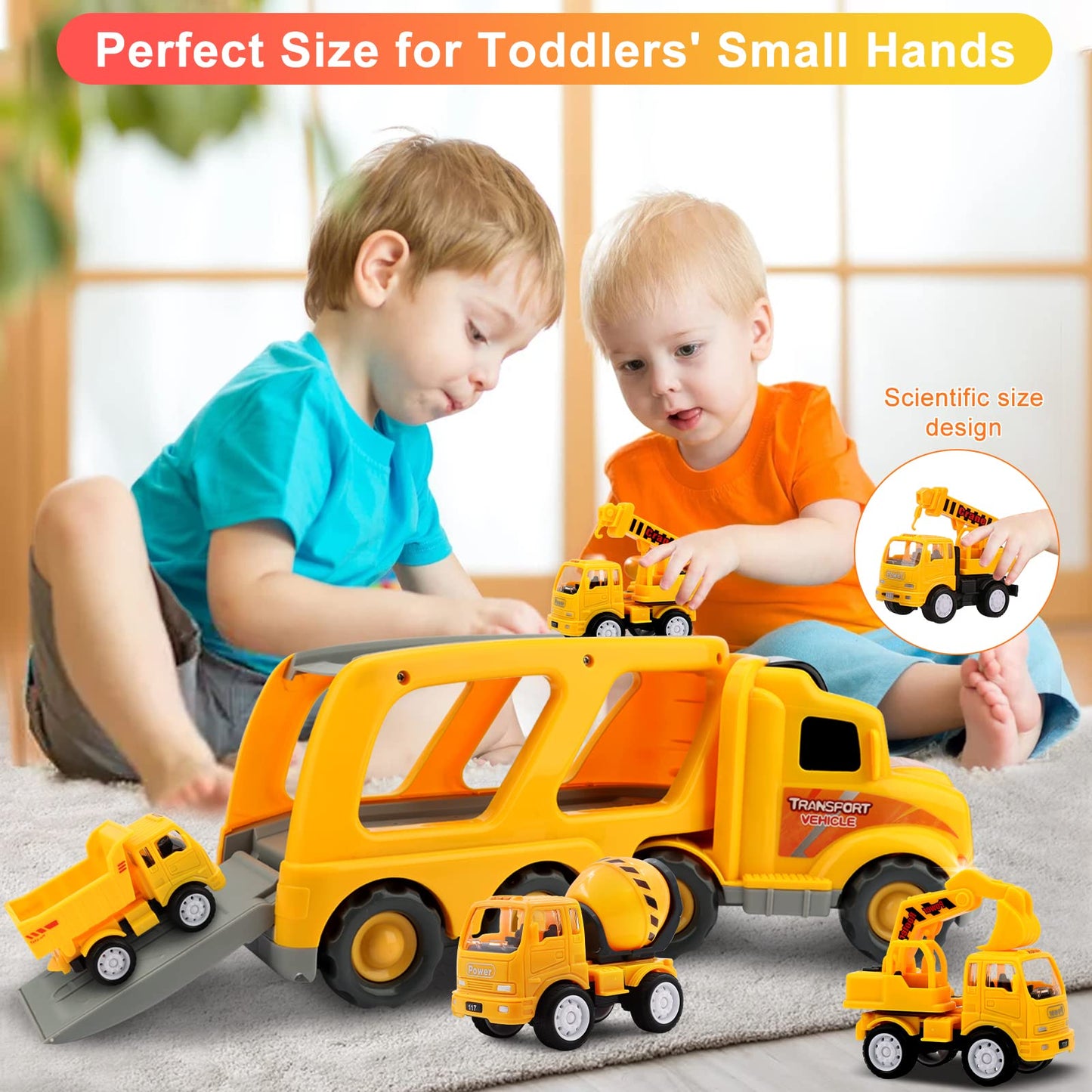 Nicmore 5-in-1 Construction Truck Toddler Toy Car – Gifts for Boys Ages 1-4, Carrier Playset for Birthday & Christmas