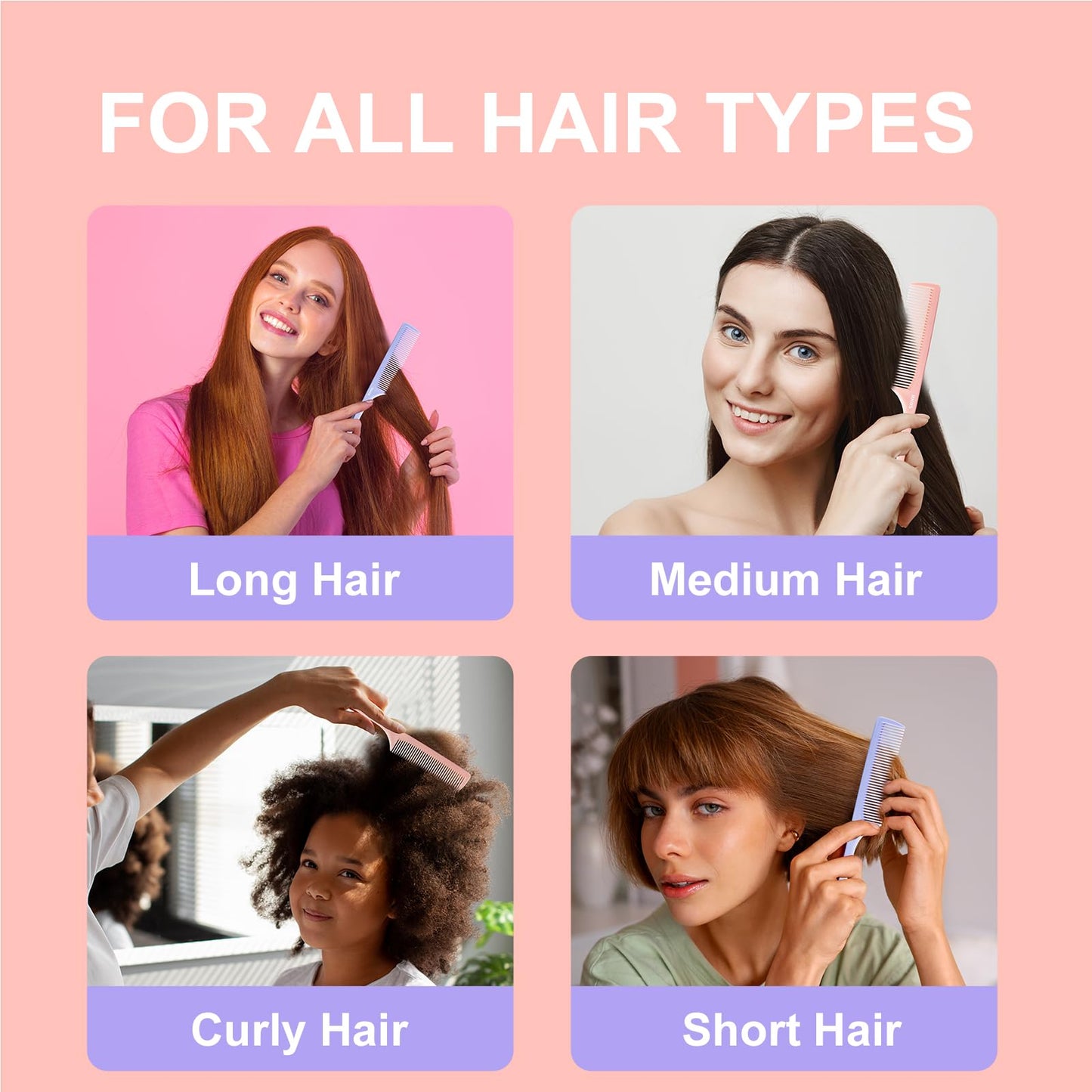 RHOS Rat Tail Comb for Parting, Fine Tooth Teasing Comb with Pick, 2 Pack Hair Styling Combs Set for Women and Men, Pink & Purple, Plastic, Unisex