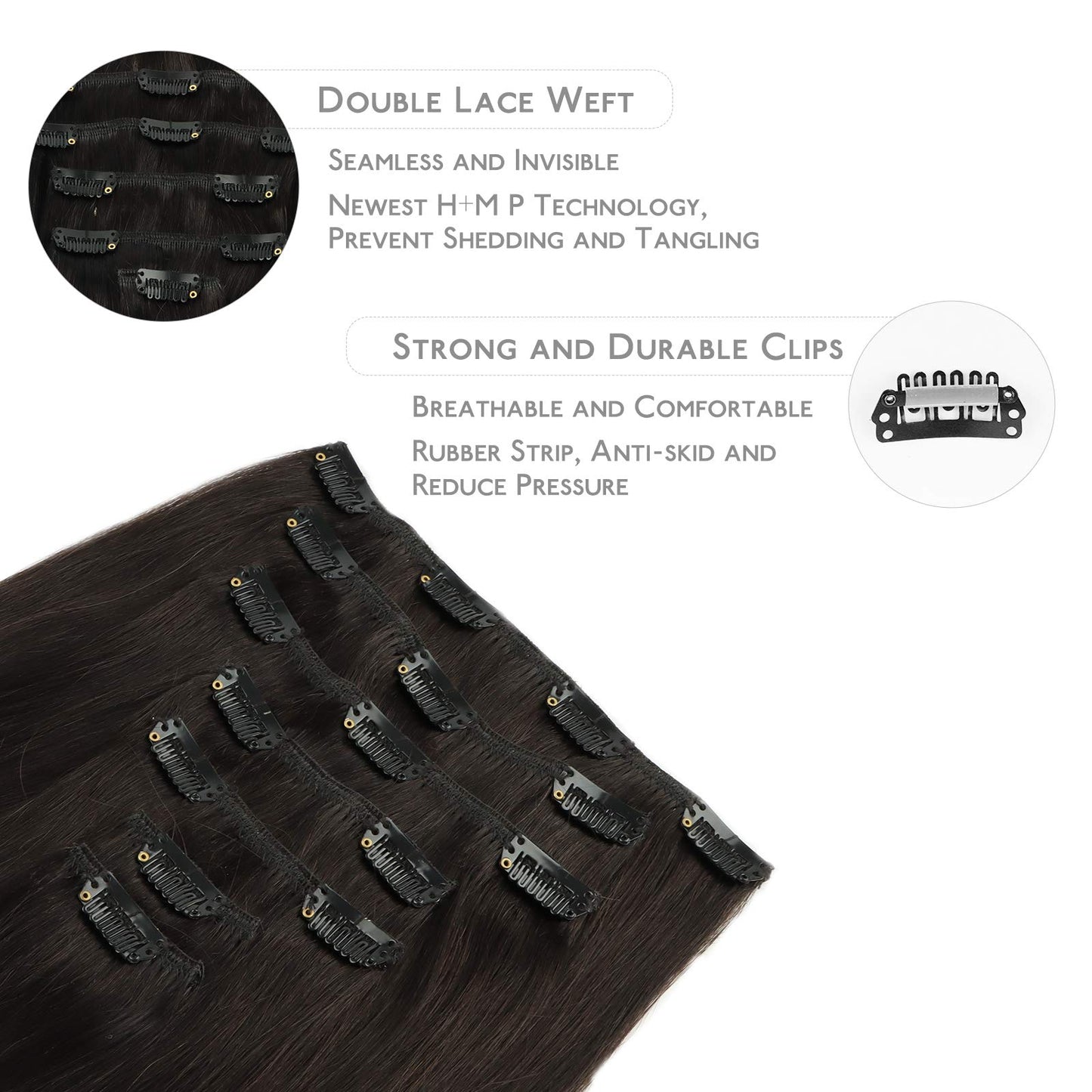 WENNALIFE Clip in Hair Extensions Real Human Hair, 18 Inch 120g 7pcs Human Hair Extensions Clip Ins, Dark Brown Coloured Remy Hair
