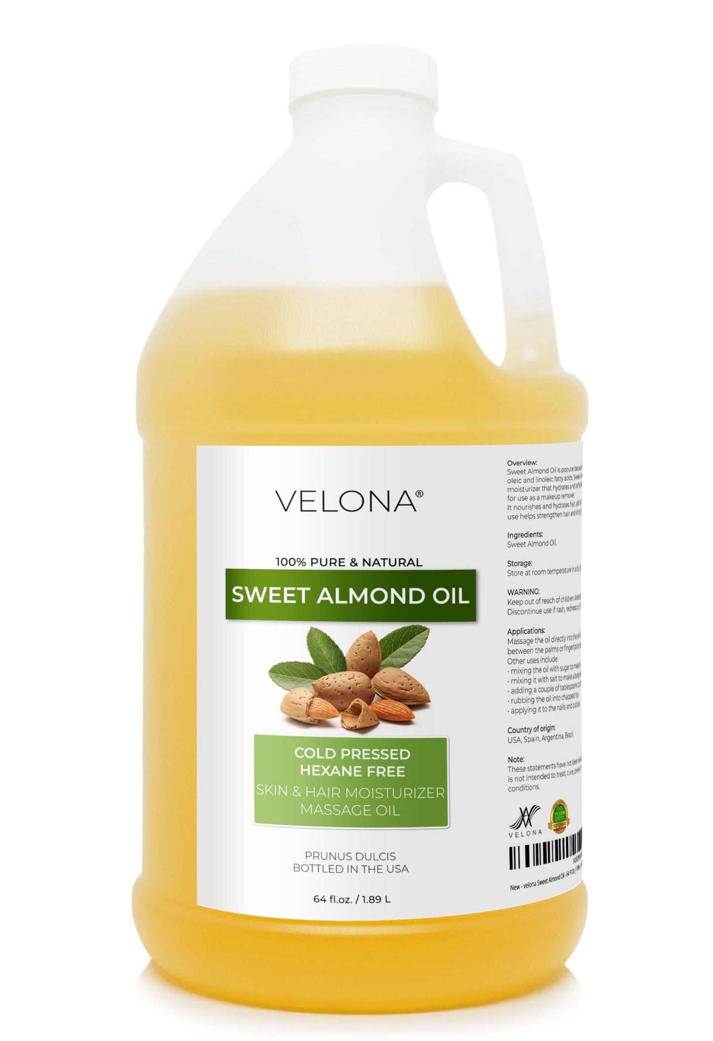 Velona Sweet Almond Oil 64 fl oz – 100% Pure & Natural Cold Pressed Carrier Oil for Skin, Hair, Face & Body Moisturizing Care