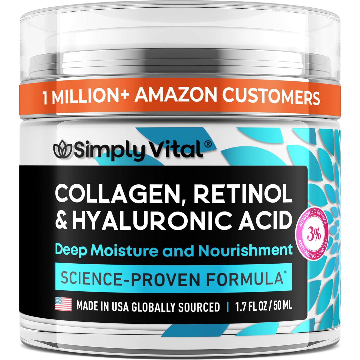 SimplyVital Collagen Retinol & Hyaluronic Acid Cream - Anti-Aging Face, Neck & Décolleté Moisturizer, Day & Night, 1.7 fl oz