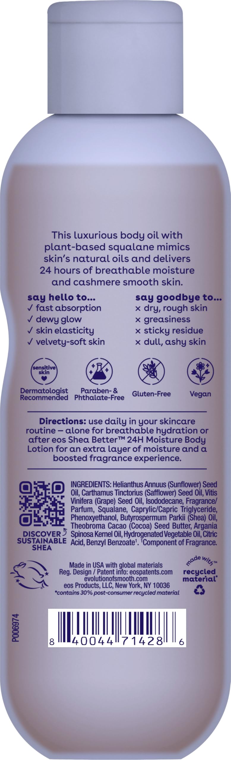 eos Cashmere Body Oil, Vanilla Cashmere, 24 Hour Moisture, Plant-Based Squalane to Soothe, Soften And Smooth Dry Skin, Body Oil, 6 fl oz