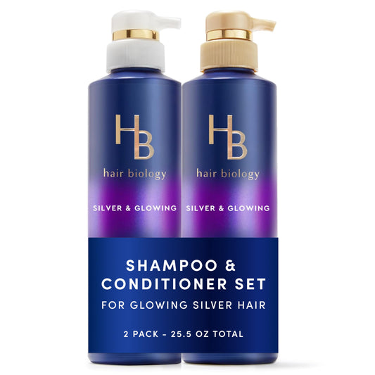 Hair Biology Biotin-Infused Purple Shampoo & Conditioner Set for Grey Hair, Anti-Brass, Moisturizing & Color-Safe, Brightens Silver, 12.8 Fl Oz Each