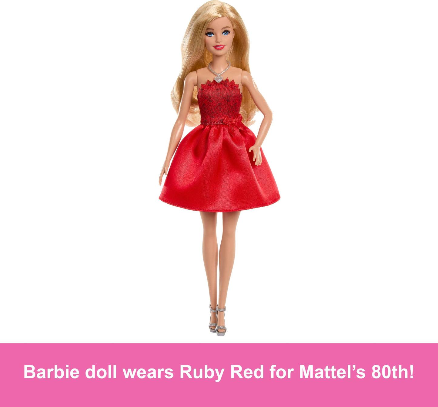 Barbie Mattel 80th Anniversary Ruby-Red Celebration Blonde Fashion Doll Wearing Red Dress with Silvery Shoes & Necklace, Collectible Toy