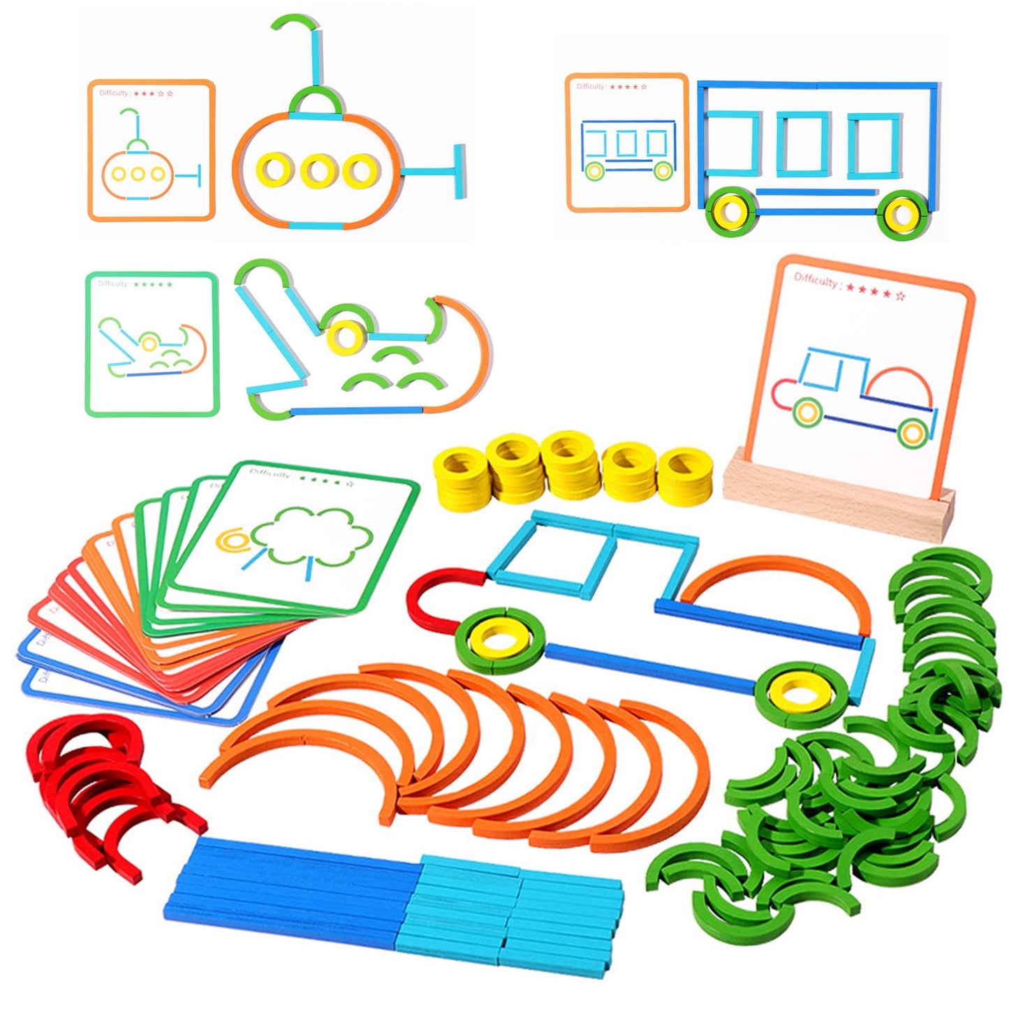 142pcs Wooden Pattern Blocks & Tangram Puzzle Set – STEM Brain Teaser, Montessori Activity Toy for Kids Ages 3-5, Gift for Boys & Girls