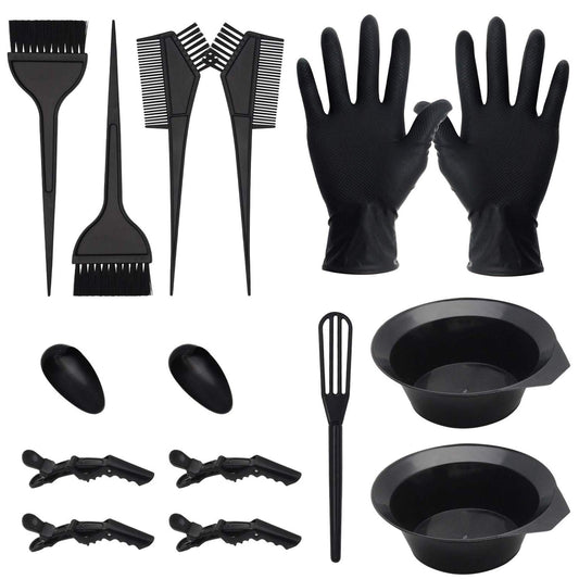 15 Pcs Hair Dye Coloring Kit (Black) – DIY Salon Set with Tint Bowl, Brush, Mixing Spoon, Gloves, Comb, Ear Covers & Bleaching Tools