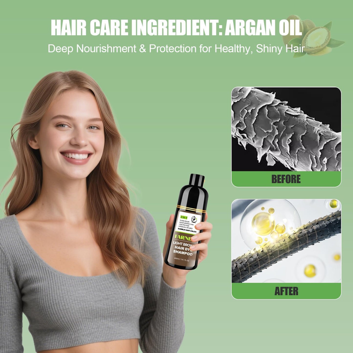 FARNDU Light Brown Hair Dye Shampoo for Gray Hair Coverage - 3 In 1 Natural Hair Color Shampoo for Women & Men, Champu Para Canas Mujer