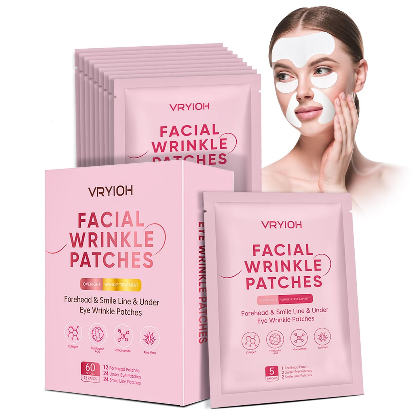 Vryioh 3-in-1 Wrinkle Patches for Forehead, Smile Lines & Under Eyes, Overnight Treatment with Hyaluronic Acid & Collagen, 60 Pcs