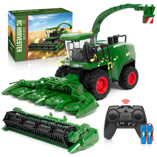 Remote Control Combine Harvester Tractor Toy 1:24 RC Farm Vehicle with Lights, 2 Grain Heads & Rechargeable Batteries for Kids 4-9