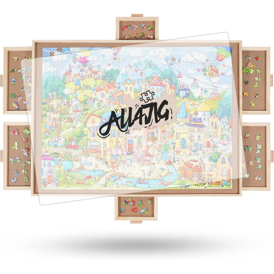 ALL4JIG 1500 Pieces Rotating Puzzle Board with 6 Drawers and Cover,25"x34"Portable Wooden Jigsaw Puzzle Table for Adults,Lazy Susan Spinning Puzzle Boards Birthday Gift for mom
