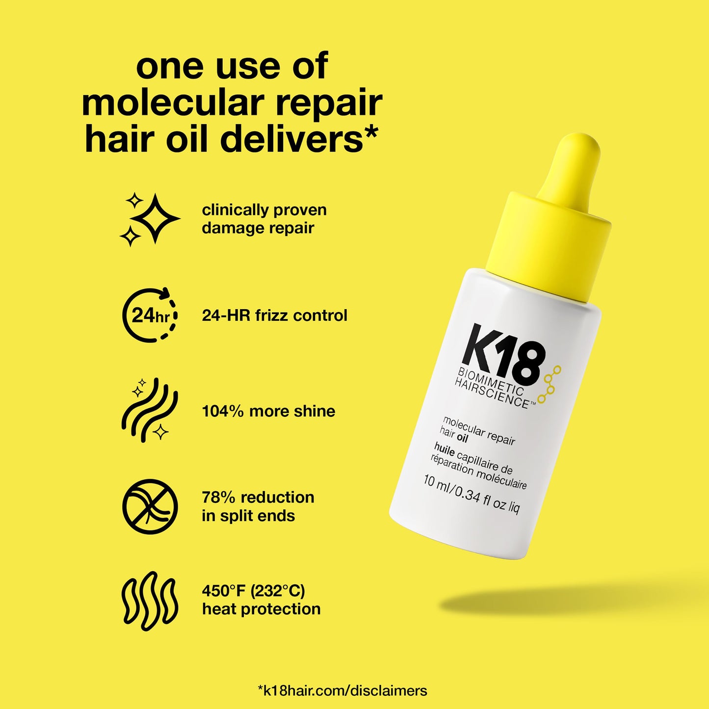 K18 Molecular Repair Hair Oil, Weightless Oil for Stronger, Healthier Hair, Suitable For All Hair Types, 0.34 Fl Oz
