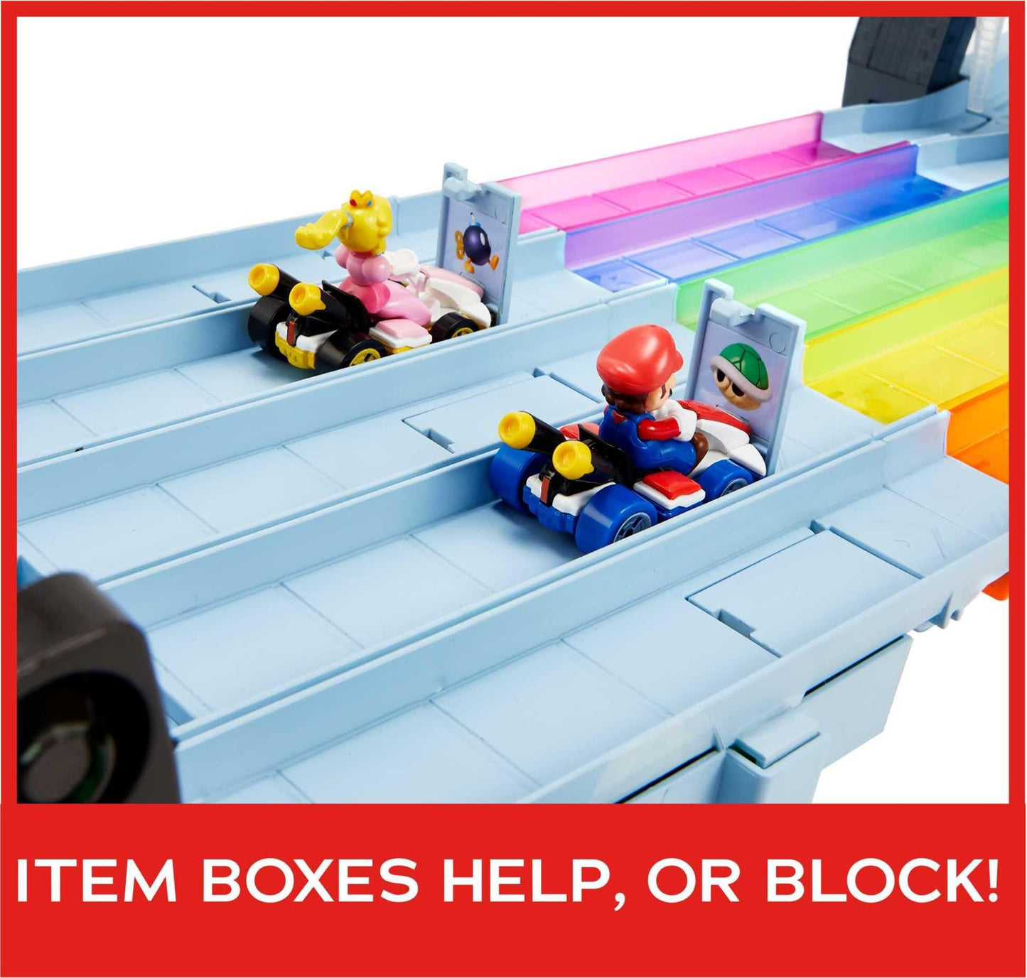 Hot Wheels Mario Kart Rainbow Road 8-Foot Track Set with Lights & Sounds, 2 1:64 Vehicles, 5-Color Course & 2 Configurations