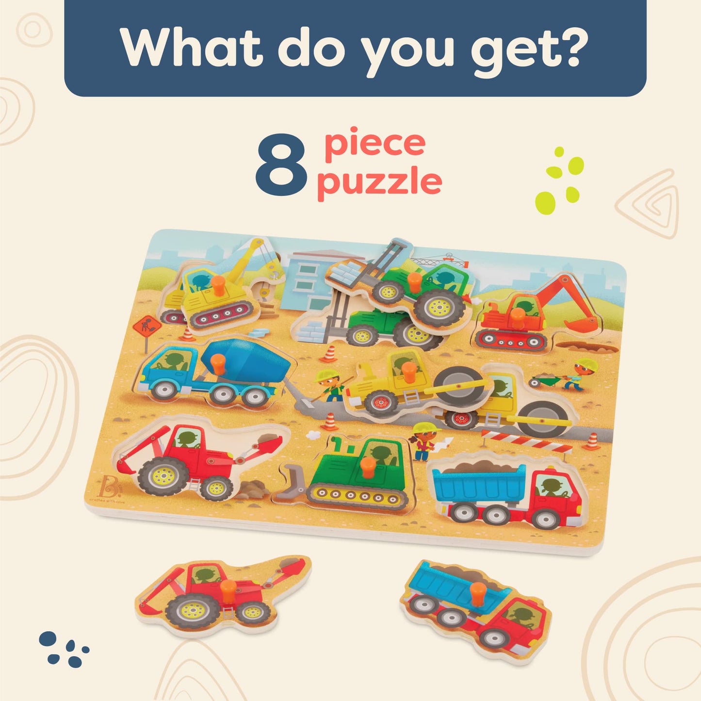 B. toys Peek & Explore Construction Trucks – Wooden Peg Puzzle with 8 Pieces: Dump Truck, Cement Mixer, Excavator & More – Toddler Toy 2+