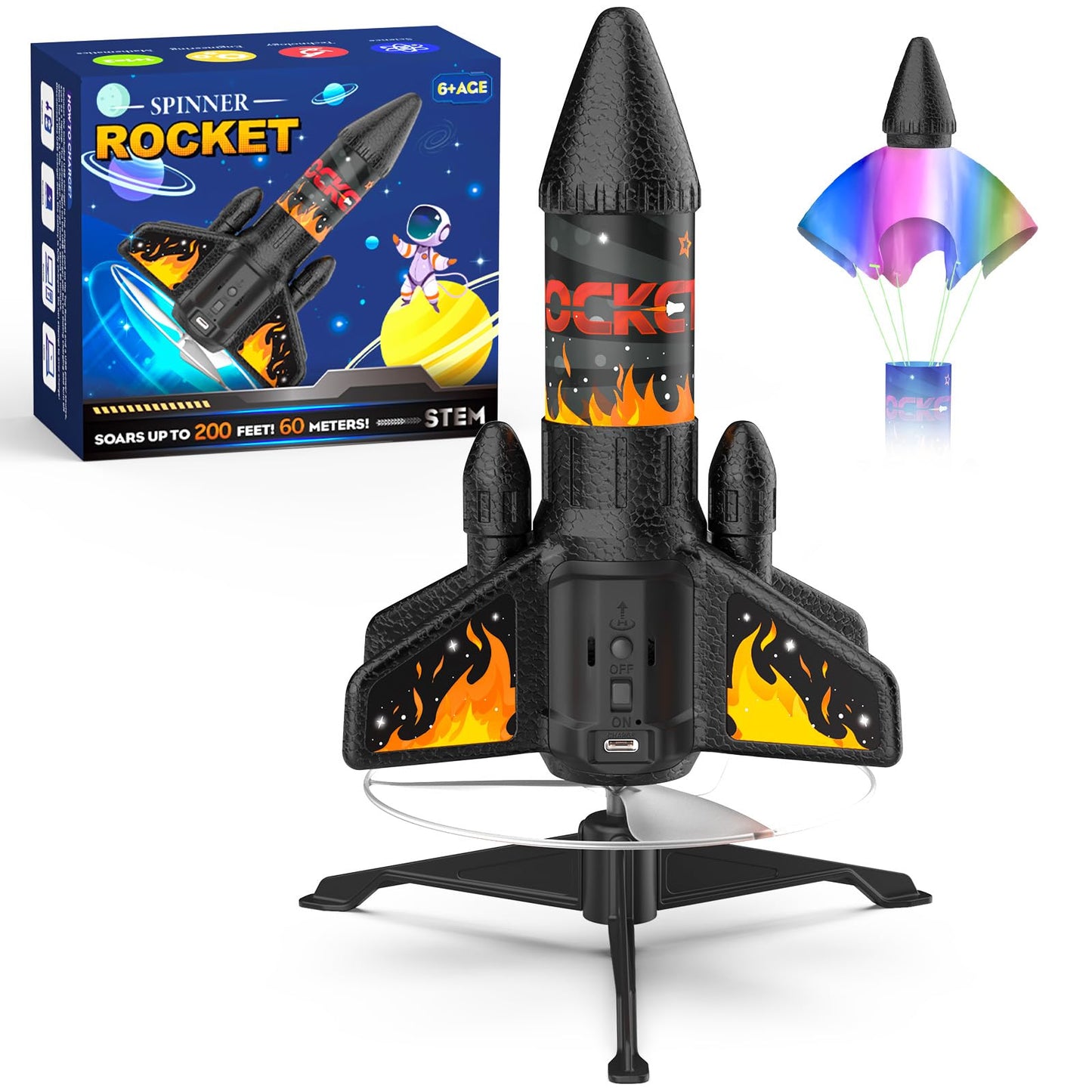 Rocket Launcher for Kids, 200ft Motorized LED Rocket Toy with Safety Parachute, Outdoor Fun Birthday Gift for Boys 8-12 (Orange)
