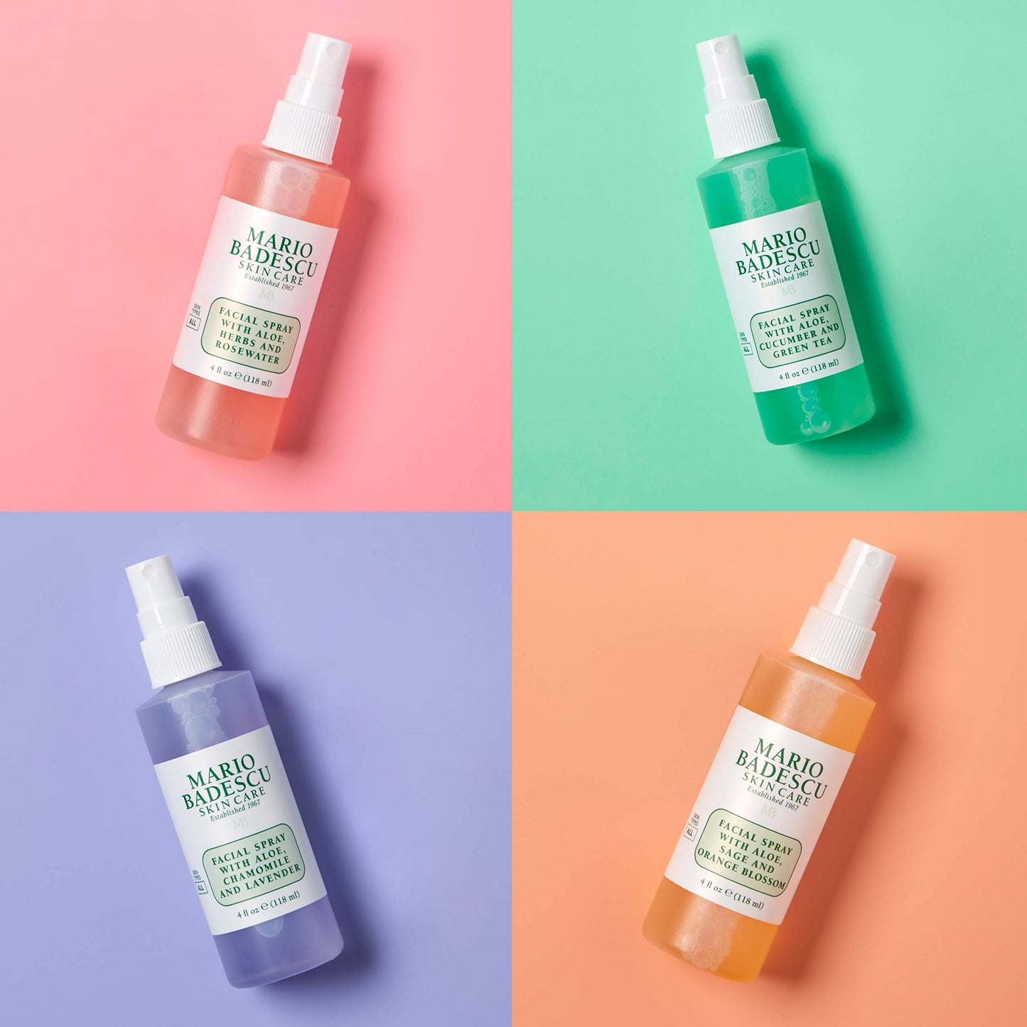 Mario Badescu Mini Facial Spray Set – Rose, Cucumber, Lavender & Orange Blossom, Hydrating & Cooling Mist for All Skin Types, 2oz (4-Pack)