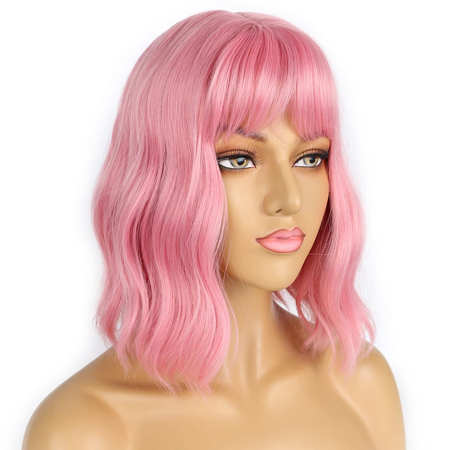 LANCAINI Pastel Pink Bob Wig with Bangs for Women – Wavy Shoulder-Length Synthetic Cosplay Wig, Soft Loose Waves, Colorful Costume Hair