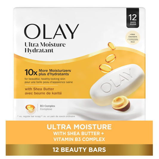 Olay Ultra Moisture Beauty Bar Soap, 3.17 oz, Pack of 12 – 10x Moisturizers, Vitamin B3, Shea Butter Scent, Gentle for All Skin Types