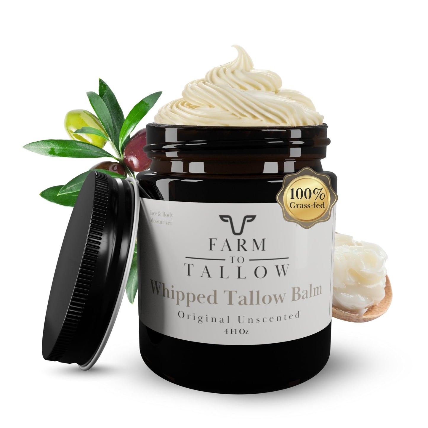 FARM TO TALLOW 100% Grass-Fed Beef Tallow Cream with Olive Oil – Unscented Natural Moisturizer for Dry, Sensitive Skin, 4oz