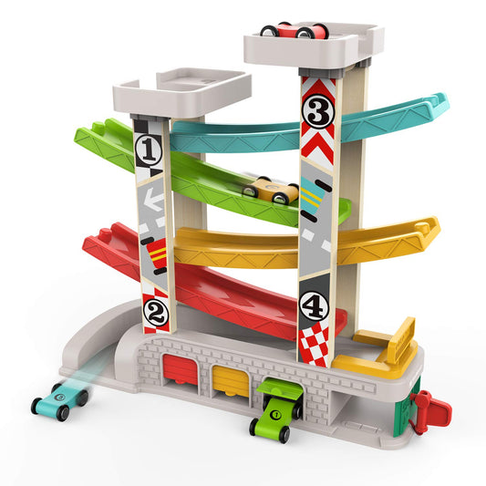 TOP BRIGHT Car Ramp Toy for 2 3 Year Old Boy Gifts, Toddler Race Track Toy for 18 Month Old with 4 Wooden Cars and 3 Car Garage