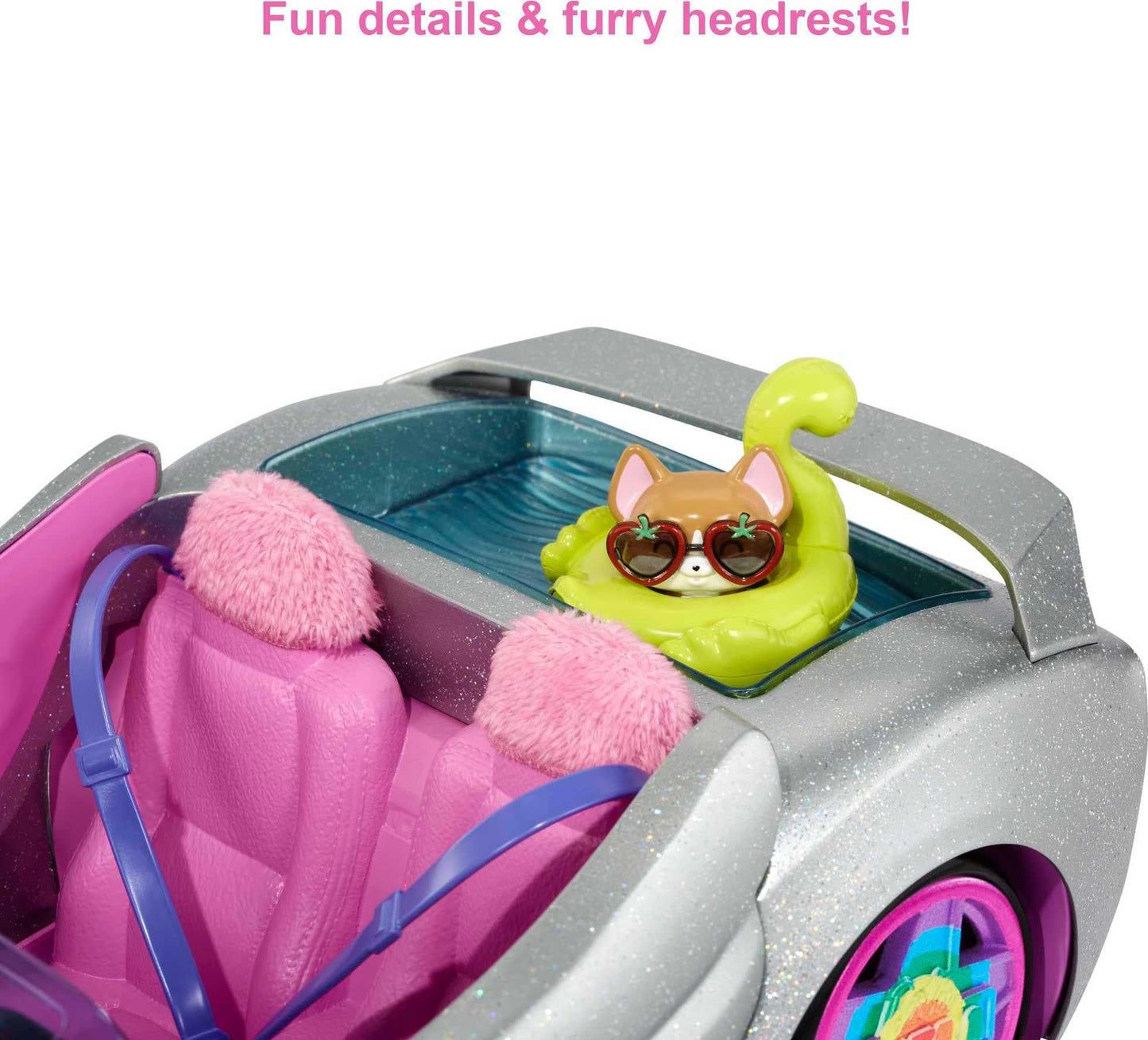 Barbie Extra Toy Car with Fashion Accessories & Puppy, Sparkly Silver 2-Seater Convertible with Hood Storage & Pet Pool, Sized for Fashion Dolls