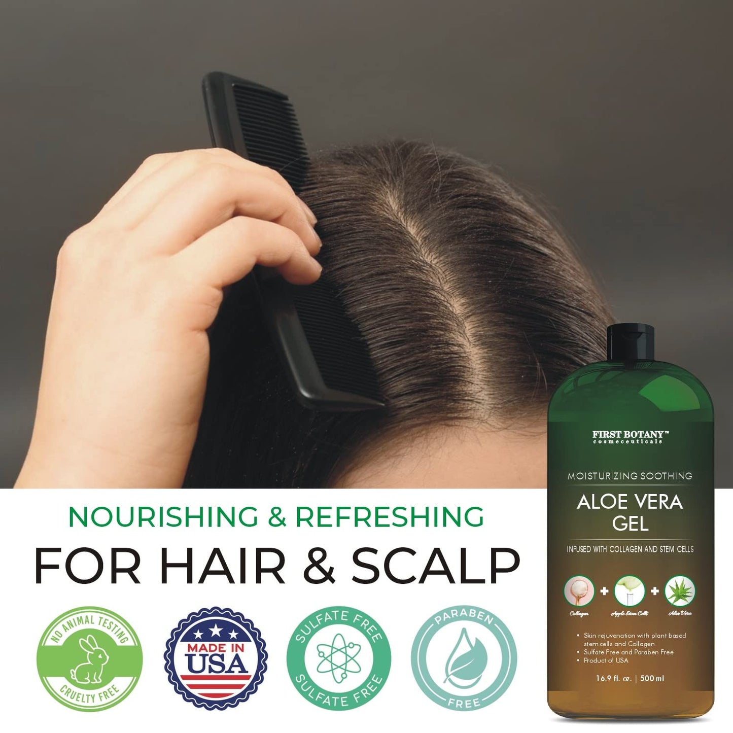 First Botany Pure Aloe Vera Gel 100% with Stem Cells, Collagen & Tea Tree Oil – Natural Moisturizer for Face, Body, Hair, Sunburn & Acne, 16.9 fl oz