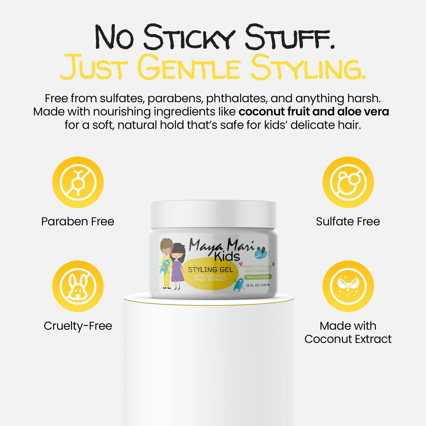 MAYA MARI Kids Hair Styling Gel with Coconut Fruit Extract | Safe & Gentle Baby Hair Gel for Toddlers | Sulfate-Free Hair Gel for Boys & Girls, 12 oz