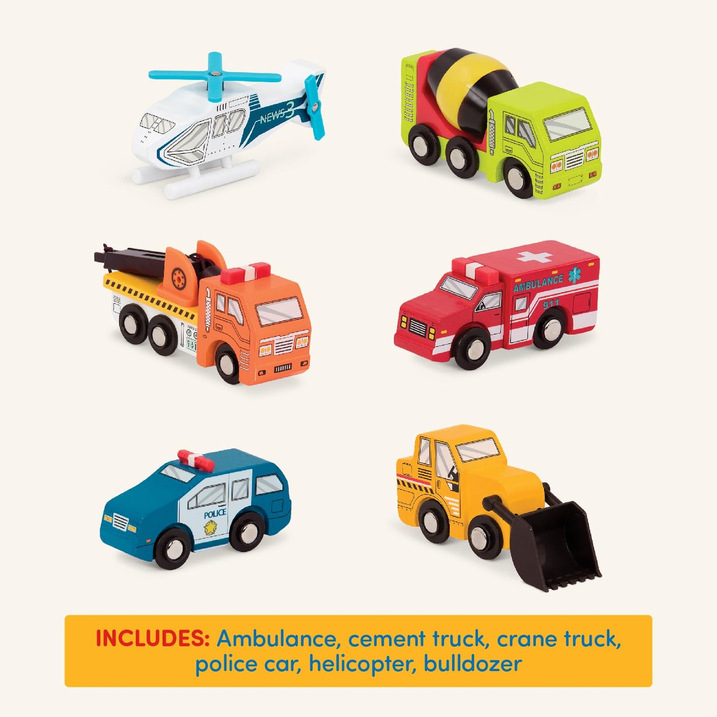 Battat – Miniature Toy Cars – 6 Wooden Minis – Classic Wooden Toys – Mini Ambulance, Cement Truck – 3 Years + – Wooden Vehicles - Set 1