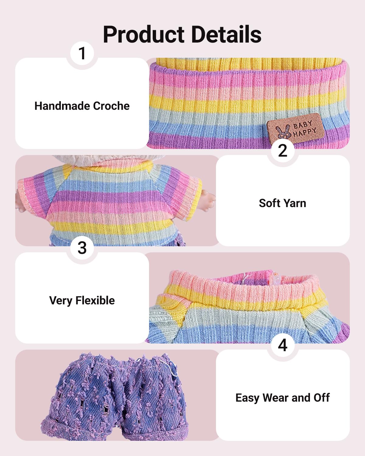 4pcs Handcrafted Labubu Doll Clothes Set (No Doll) – Cute Crocheted Hat, Sweater, Skirt & Bag, Rainbow Outfits, 15-17cm, AK052
