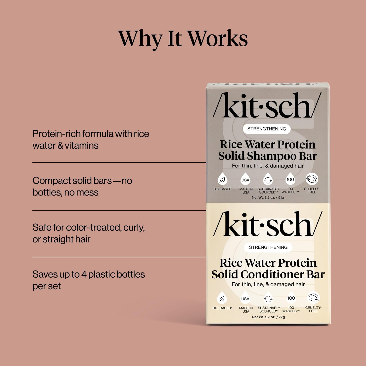 Kitsch Rice Water Protein Shampoo & Conditioner Bar Set – Strengthening Duo for Hair Growth & Damage Repair – Vitamin-Rich, Sulfate & Paraben Free, Made in USA