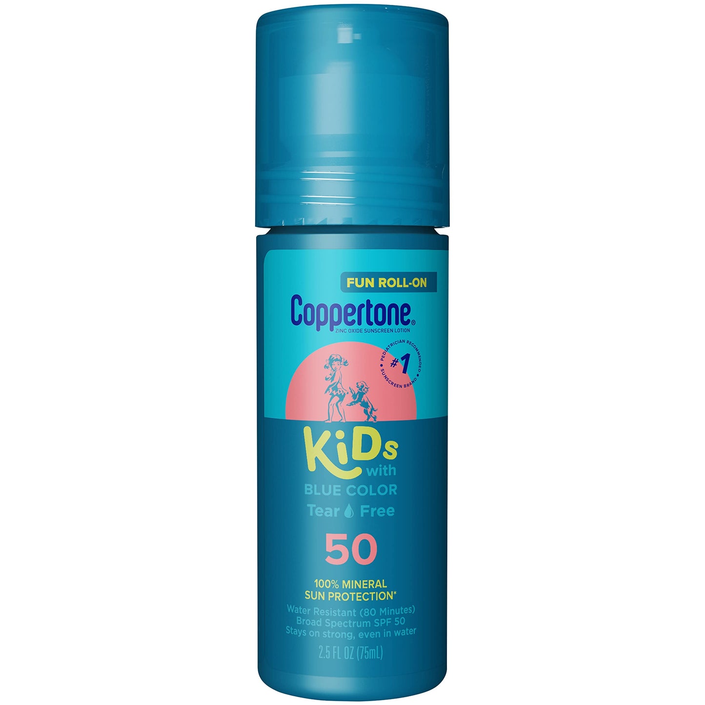 Coppertone Kids Roll On Sunscreen Lotion SPF 50, Tear Free Kids Sunscreen with Blue Color and Zinc Oxide Sun Protection, 2.5 Fl Oz Tube