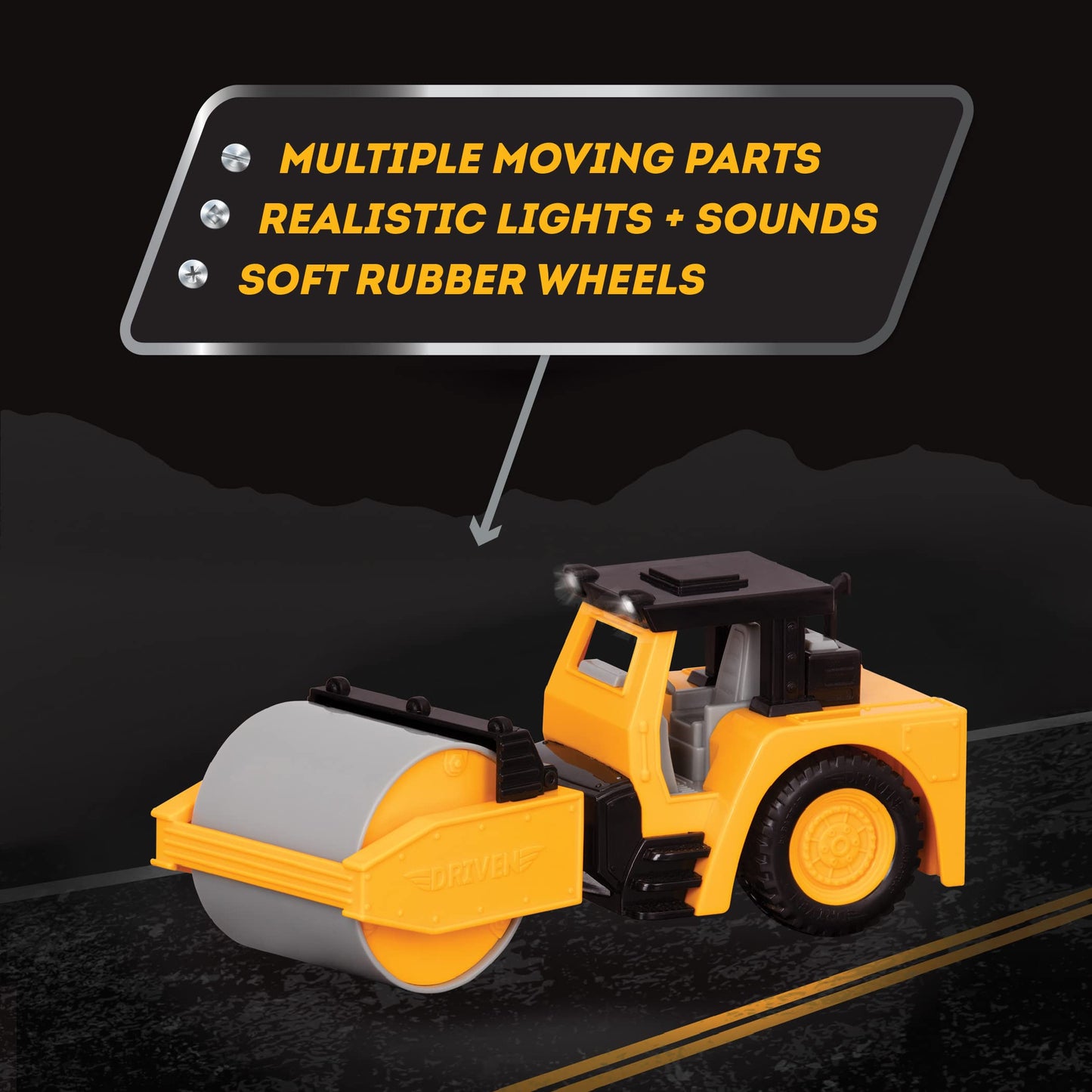 Driven by Battat 7" Steam Roller Toy with Lights & Sounds, Movable Parts, Realistic Construction Vehicle for Kids 3+ – Durable Gift