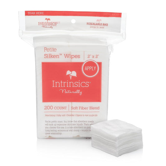 Intrinsics Petite Silken Wipes, 200 Count – 2x2" 4-Ply Lint-Free Hypoallergenic Cotton Pads for Makeup, Skincare, Nails & Spa