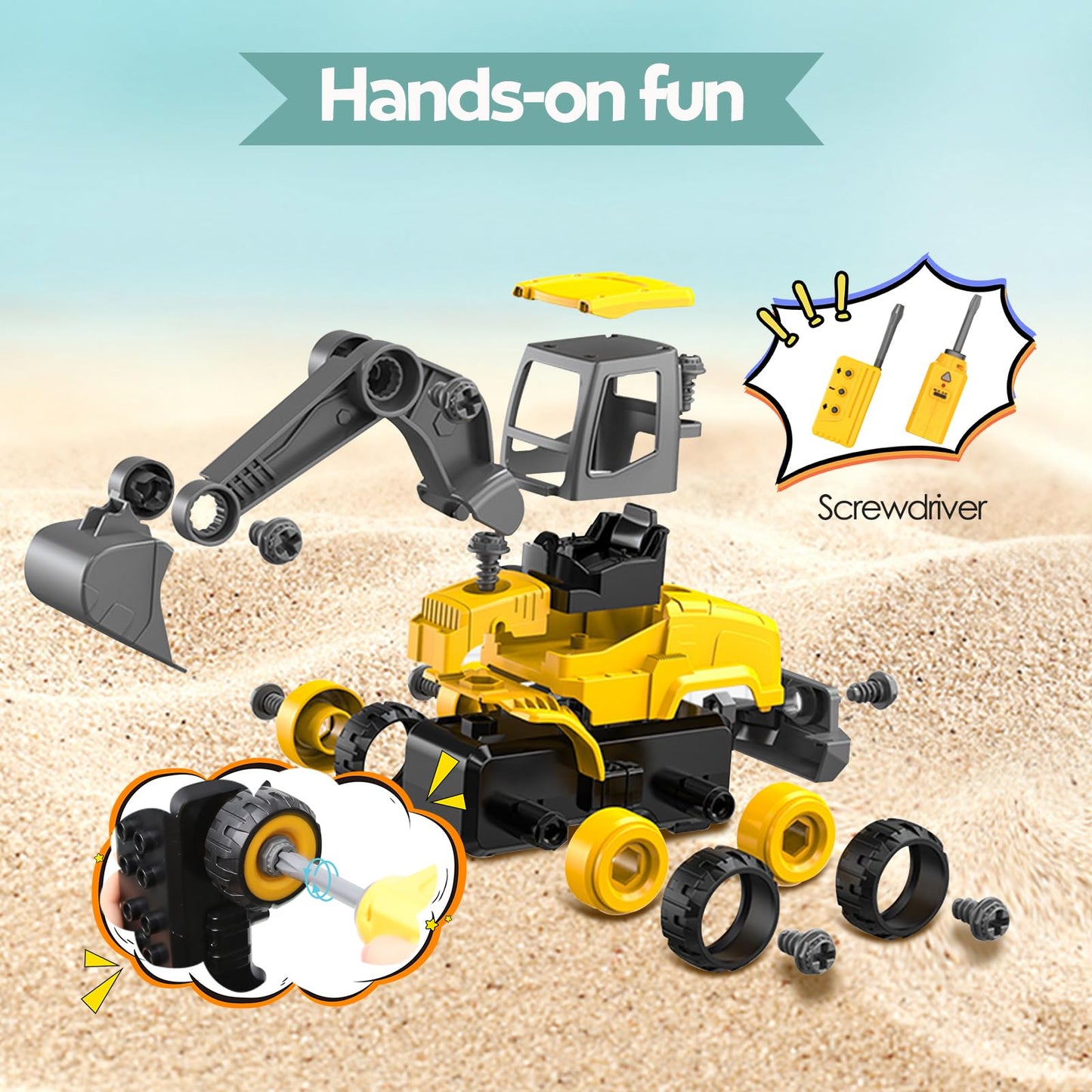 TOYTWIST Take-Apart Excavator Toy with Electric Screwdriver – STEM Construction Set, Remote Control Car for Kids 6+, Indoor & Outdoor Play