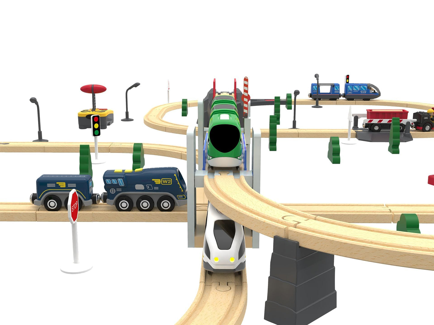 Z MAYABBO Wooden Train Set Accessories Wood Railway Bridge for Railroad Tracks, 2-Level Overpass Compatible for All Railway Tracks System