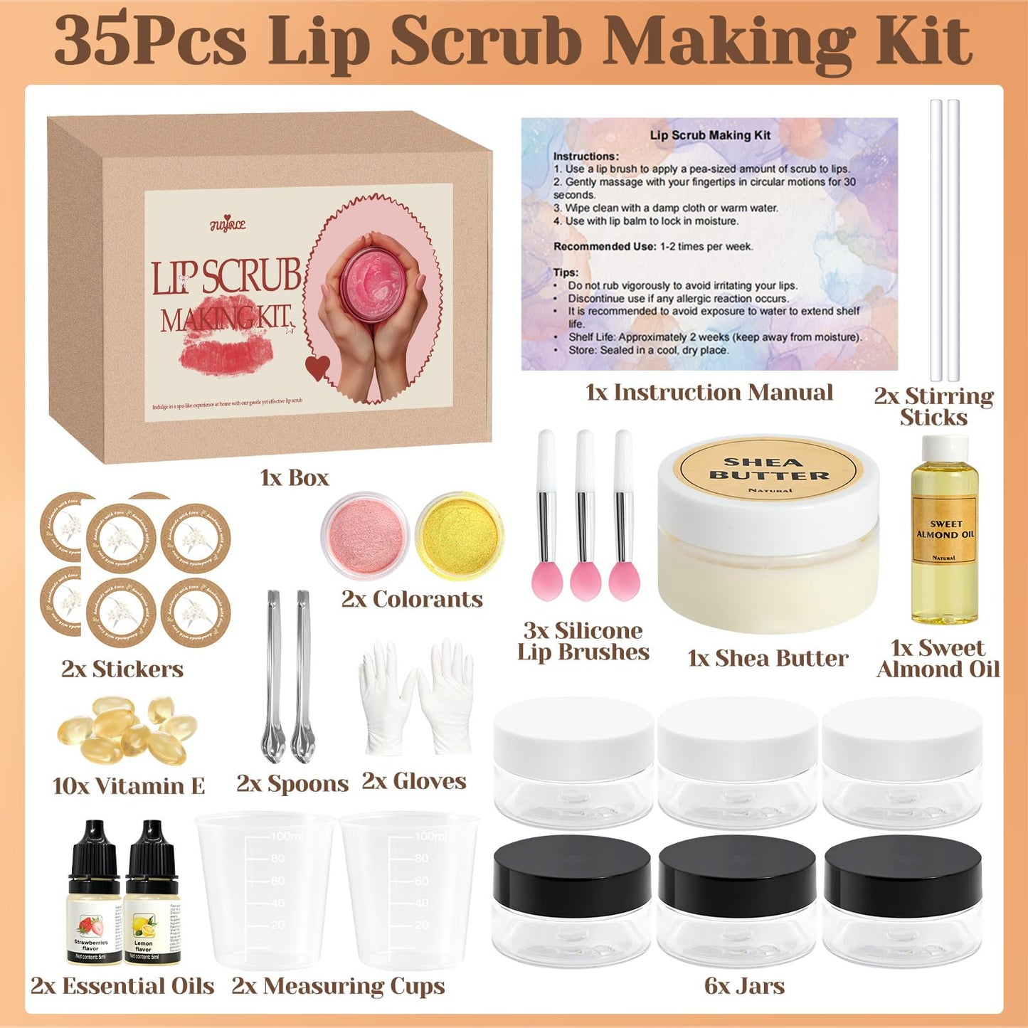 JUYRLE DIY Sugar Lip Scrub Kit, 35pcs – Make Your Own Moisturizing & Exfoliating Lip Scrubs with Shea Butter, Almond & Essential Oils