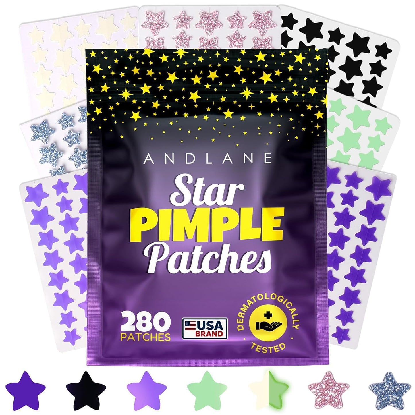 280Pcs Star Pimple Patches for Face – Hydrocolloid Acne Healing Stickers in 7 Colors & 3 Sizes – Glitter, Glow-in-the-Dark & Translucent Cute Zit Patches