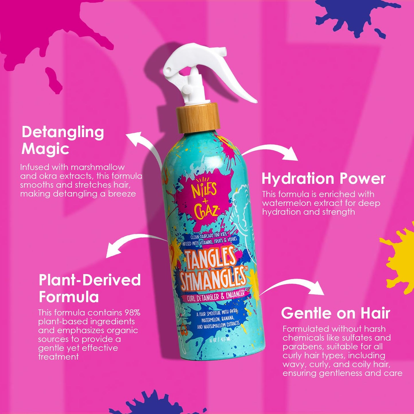 Niles & Chaz Tangles Shmangles Kids Detangler & Curl Enhancer - Hydrating Leave-In Conditioner, Frizz-Free Curls, 16 fl oz