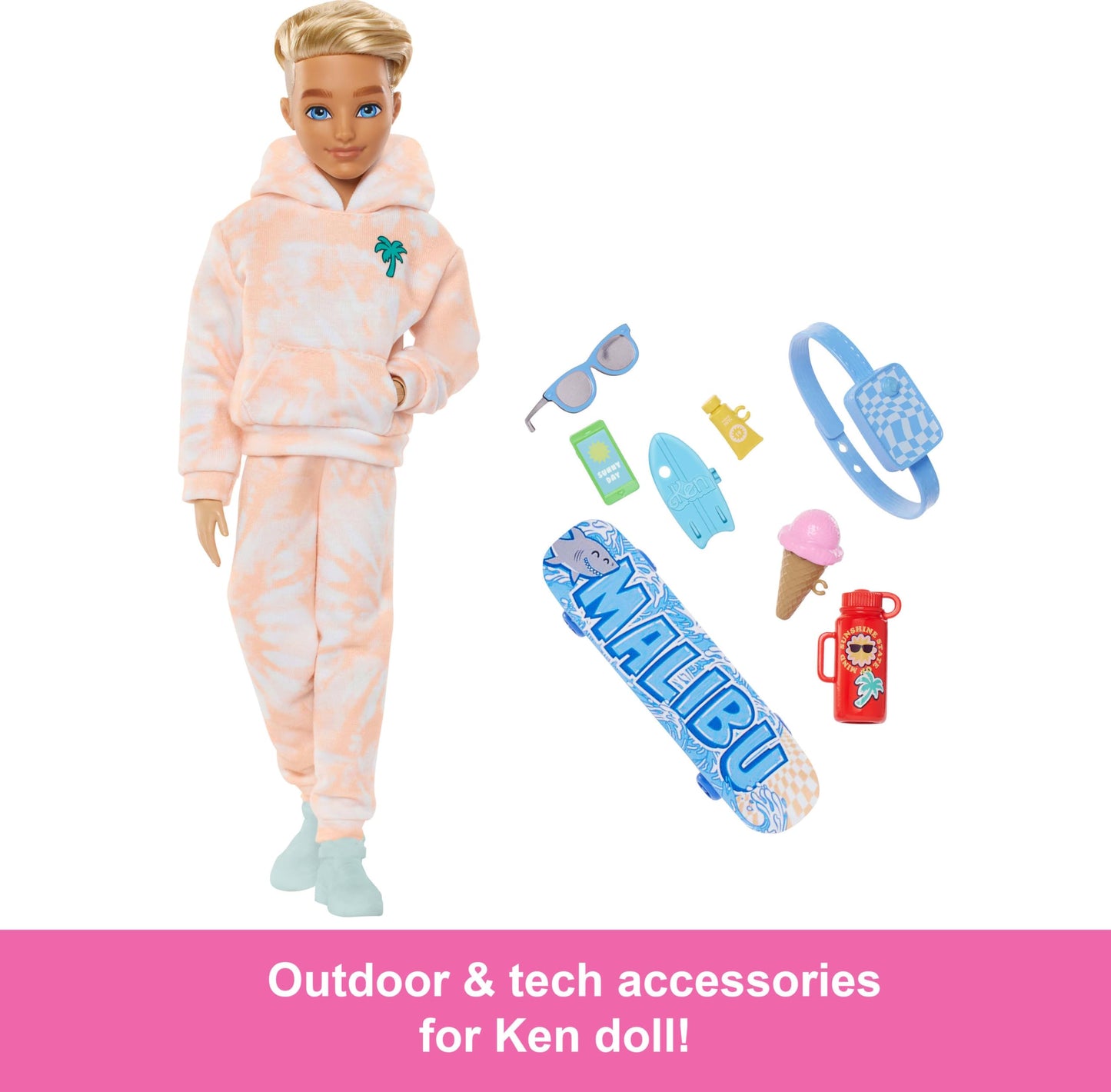 Barbie Dream Besties Doll and Accessories, Ken Posable Fashion Doll with Removable Fashions & Blonde Hair, 9 Summer & Skateboard Themed Pieces